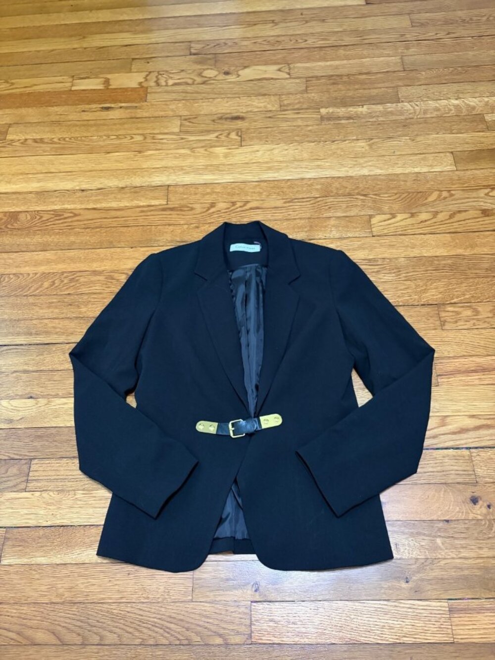 Calvin Klein Womens Blazer Jacket Sz 6 Black Buckle Closure Stretch Lined Career